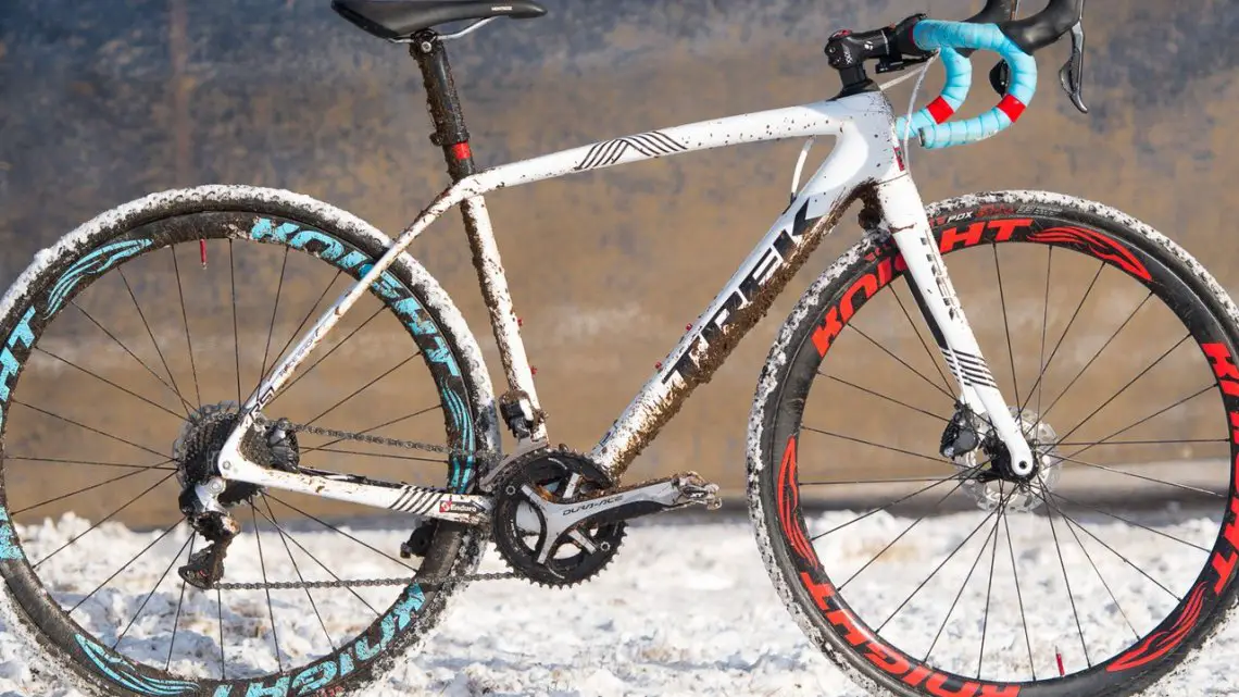 Katie Compton's 13th National Championships-Winning 2017 Trek Boone cyclocross bike with a fresh title and coating of Hartford's Riverside Park's mud and snow. © Cyclocross Magazine