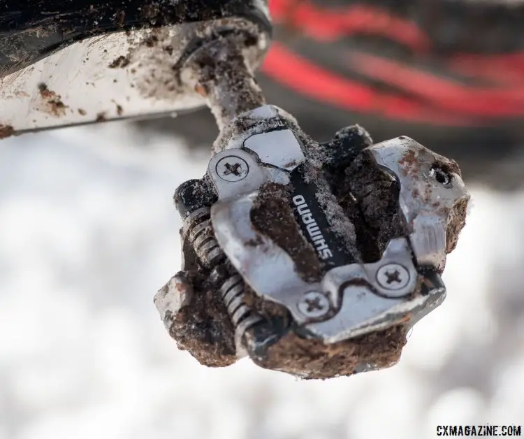 Nothing fancy about the older generation Shimano XT M780 SPD pedals that Compton prefers. Their reputation is longstanding and well known, even though new M8000 model has been released with more surface area. Katie Compton's 13th National Championships-Winning 2017 Trek Boone cyclocross bike. © Cyclocross Magazine