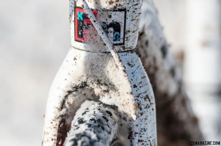 Being a multi-time Champion means that a custom head badge is just one of the nice aesthetic touches on your race rig. Even though the fork offers geneours tire clearance, without pitting, Compton used every mm of it. Katie Compton's 13th National Championships-Winning 2017 Trek Boone cyclocross bike. © Cyclocross Magazine