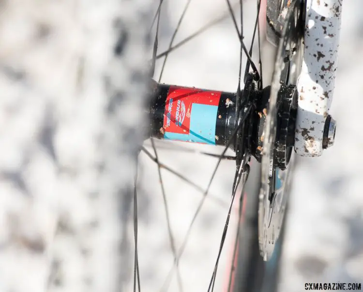 Even the labels on the hubs are color-matched on Compton's Knight Composites tubular wheels. Katie Compton's 13th National Championships-Winning 2017 Trek Boone cyclocross bike. © Cyclocross Magazine