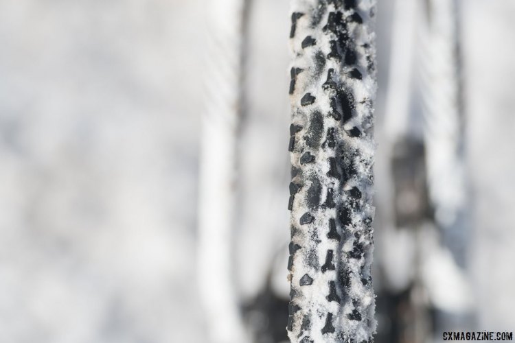 The distinctive pattern of the Clement PDX front tire as they appear post race show evidence of the day's conditions. Compton's front tire had the arrows pointing backwards (bottom of the photo is front of the bike). Katie Compton's 13th National Championships-Winning 2017 Trek Boone cyclocross bike. © Cyclocross Magazine