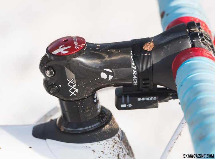 The Di2 controller mounted under the Bontrager XXX carbon stem. Note the Fairwheel Bikes top cap. Katie Compton's 13th National Championships-Winning 2017 Trek Boone cyclocross bike. © Cyclocross Magazine