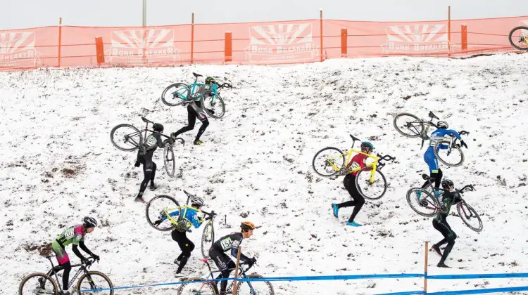 Some riders rode the low line, some ran up to the high line. 2017 Cyclocross National Championships, Masters Men 30-34. © A. Yee / Cyclocross Magazine