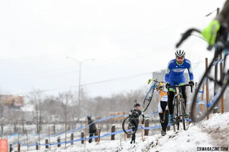 Evan Huff (BikeReg Elite Racing) riding the ledge that got skinnier and slicker today. 2017 Cyclocross National Championships, Masters Men 30-34. © A. Yee / Cyclocross Magazine