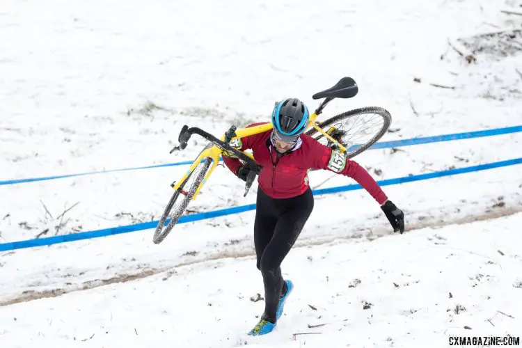 Scott Chapin (Santa Cruz Factory Racing) runs up the snowy climb. 2017 Cyclocross National Championships, Masters Men 30-34. © A. Yee / Cyclocross Magazine