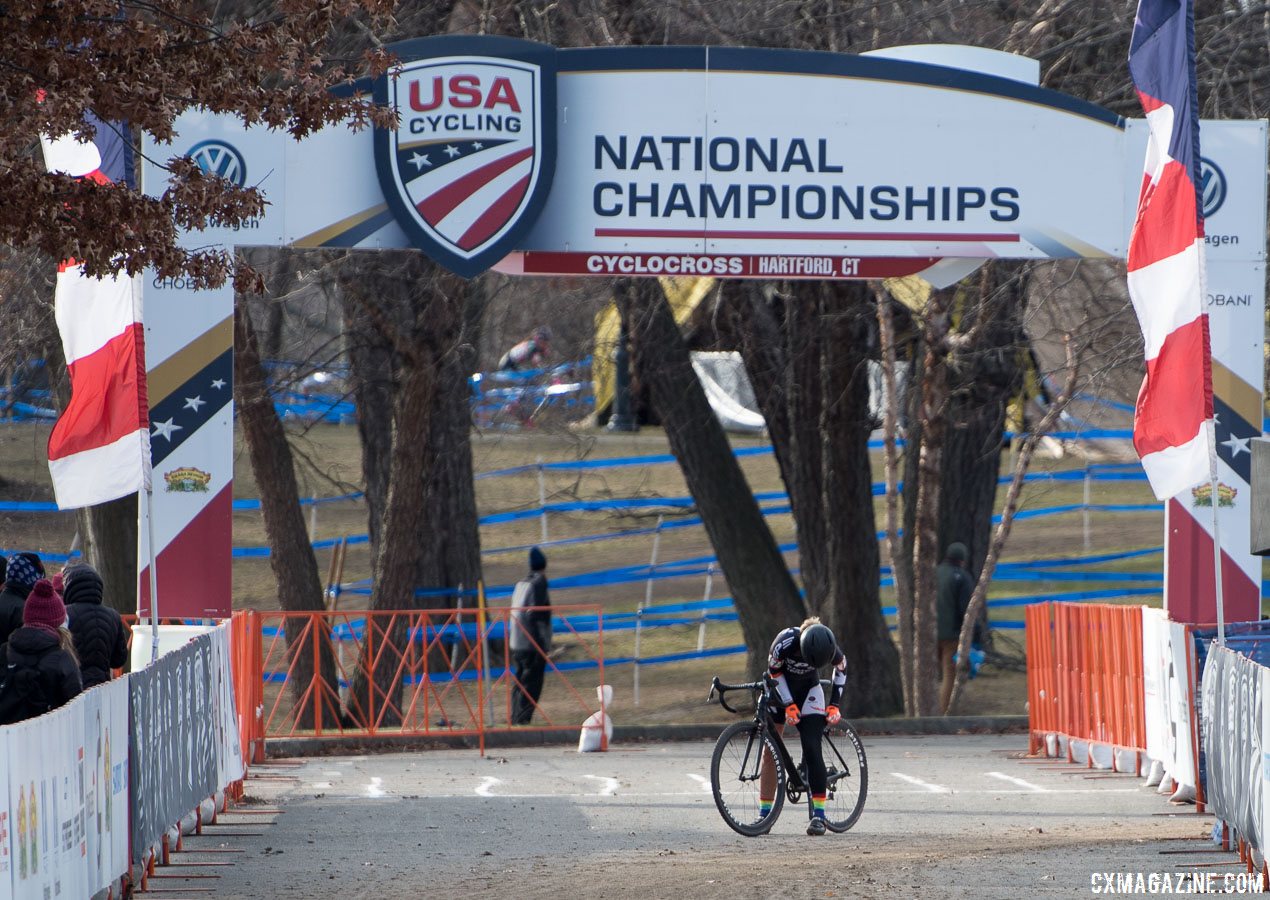Leg warmers are notorious for falling down. 2017 Cyclocross National Championships, Masters Women 35-39. © A. Yee / Cyclocross Magazine