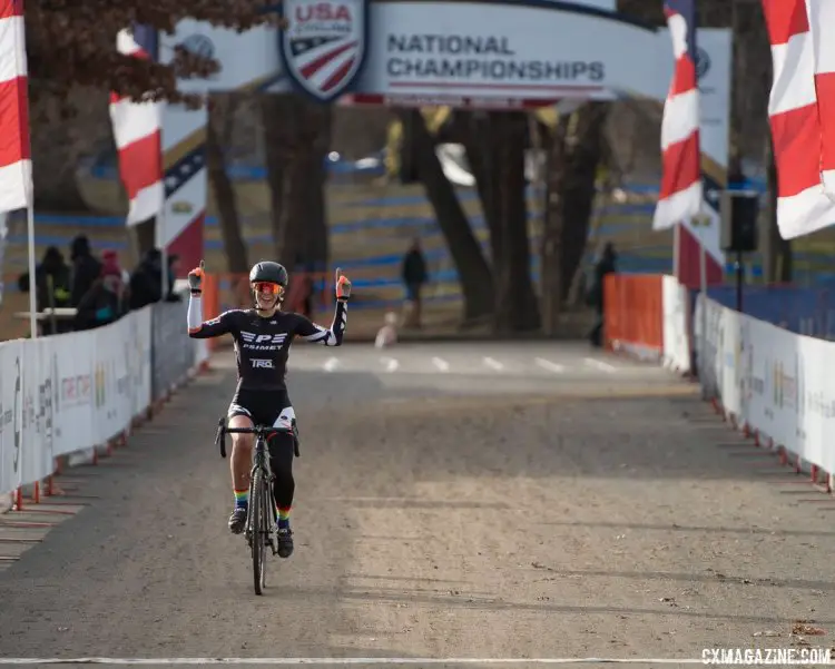 Sydney Guagliardo puts her hands in the air for the win. 2017 Cyclocross National Championships, Masters Women 35-39. © A. Yee / Cyclocross Magazine