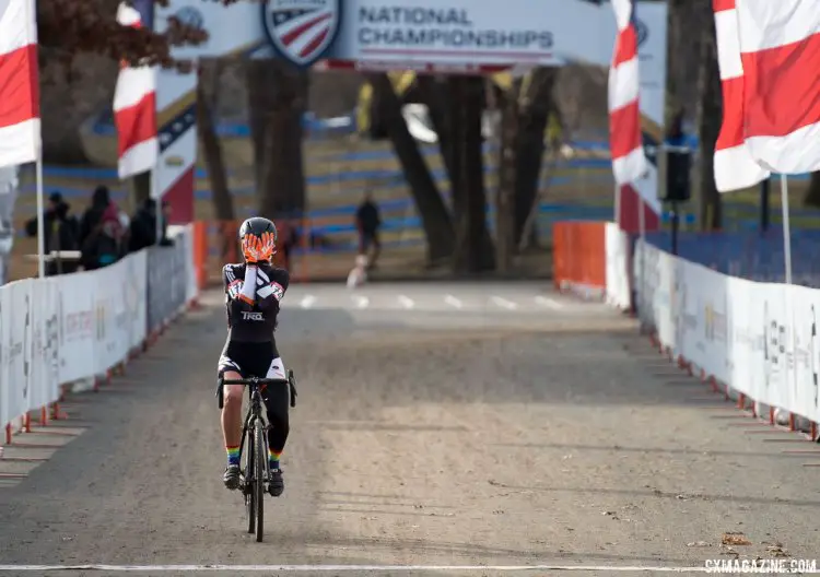 The thrill of winning a National Title sets in for Sydney Guagliardo. 2017 Cyclocross National Championships, Masters Women 35-39. © A. Yee / Cyclocross Magazine