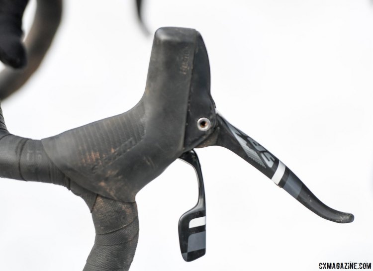 The crash broke Eric Fossell's brake lever, but he could still shift. 2017 Cyclocross National Championships, Masters Men 35-39. © A. Yee / Cyclocross Magazine