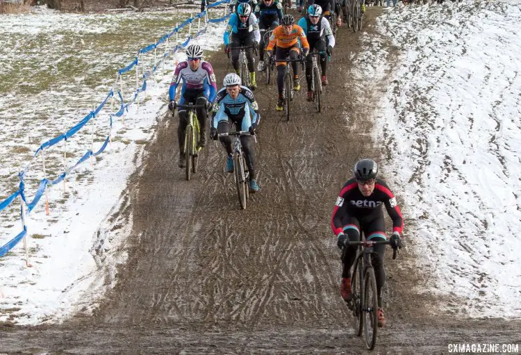 Hildebrand leads the group up the run-up on lap one. 2017 Cyclocross National Championships, Masters Men 45-49. © A. Yee / Cyclocross Magazine