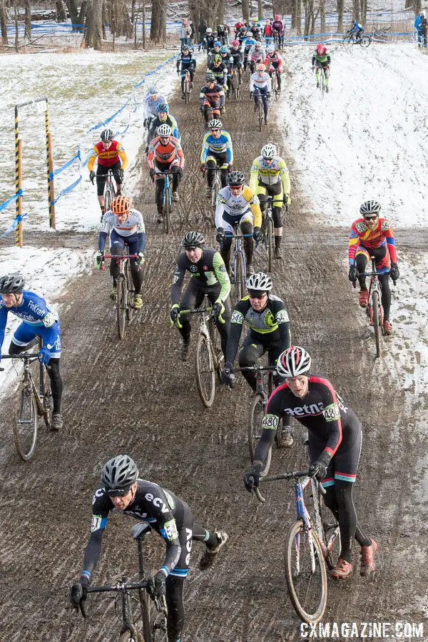 The first lap race to the off-camber run-up. 2017 Cyclocross National Championships, Masters Men 45-49. © A. Yee / Cyclocross Magazine