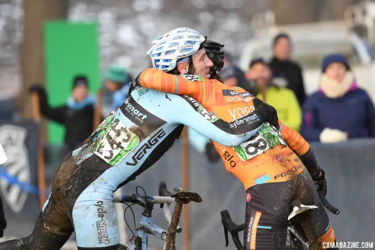 Adam Myerson hugs second place Matt Davies. 2017 Cyclocross National Championships, Masters Men 45-49. © A. Yee / Cyclocross Magazine