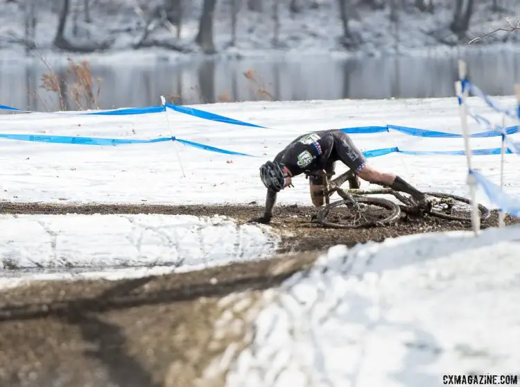 Cozza goes down on the last lap, but had a big enough gap to win the title. 2017 Cyclocross National Championships, Masters Men 50-54. © A. Yee / Cyclocross Magazine