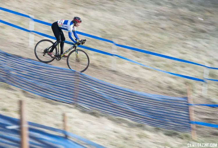 Ruth Sherman speeds down the embankment. 2017 Cyclocross National Championships, Masters Women 55-59. © A. Yee / Cyclocross Magazine