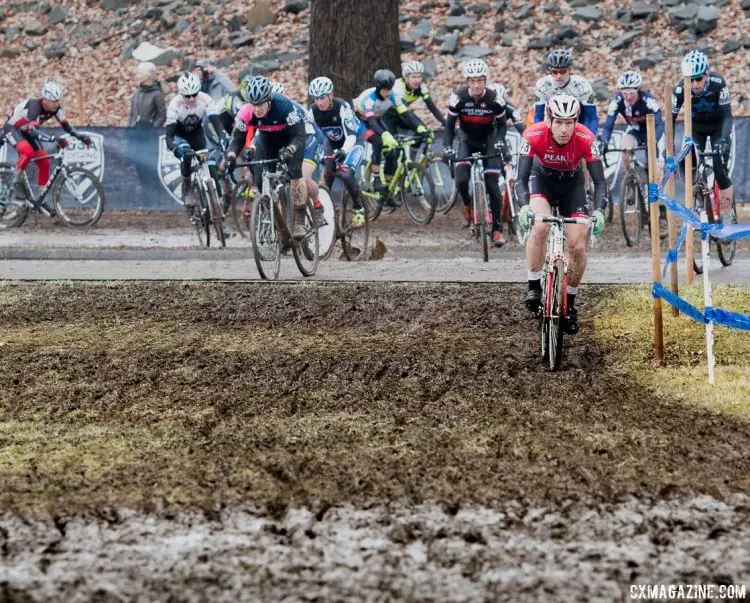 The first turn in a splash of reality. 2017 Cyclocross National Championships, Masters Men 60-64. © A. Yee / Cyclocross Magazine