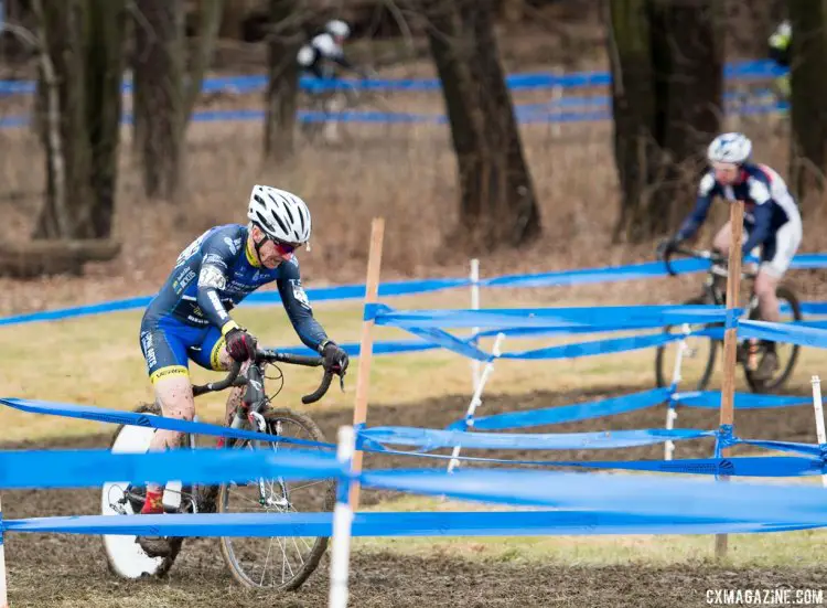 Paul Curley and his wheel cover moving up to third. 2017 Cyclocross National Championships, Masters Men 60-64. © A. Yee / Cyclocross Magazine