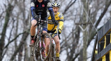 Wittwer leads Pawle up the climb at the 2017 Cyclocross National Championships Masters Men 65-69 race. © A. Yee / Cyclocross Magazine