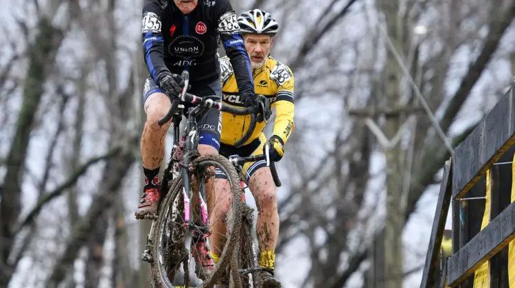 Wittwer leads Pawle up the climb at the 2017 Cyclocross National Championships Masters Men 65-69 race. © A. Yee / Cyclocross Magazine