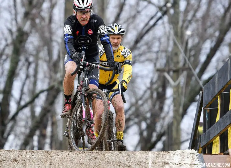 Wittwer leads Pawle up the climb at the 2017 Cyclocross National Championships Masters Men 65-69 race. © A. Yee / Cyclocross Magazine