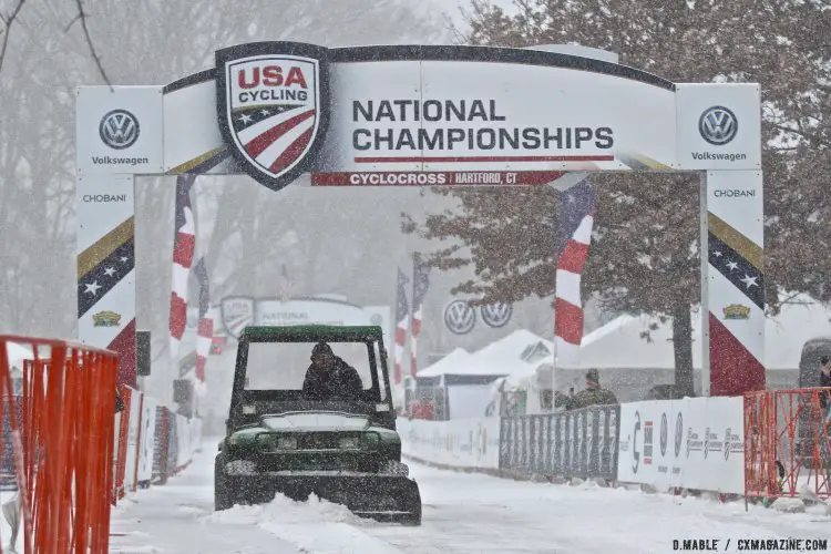 Plows were called in to clear the start/finish, as the afternoon storm dumped on the Junior Women 15-16 race. © D. Mable / Cyclocross Magazine