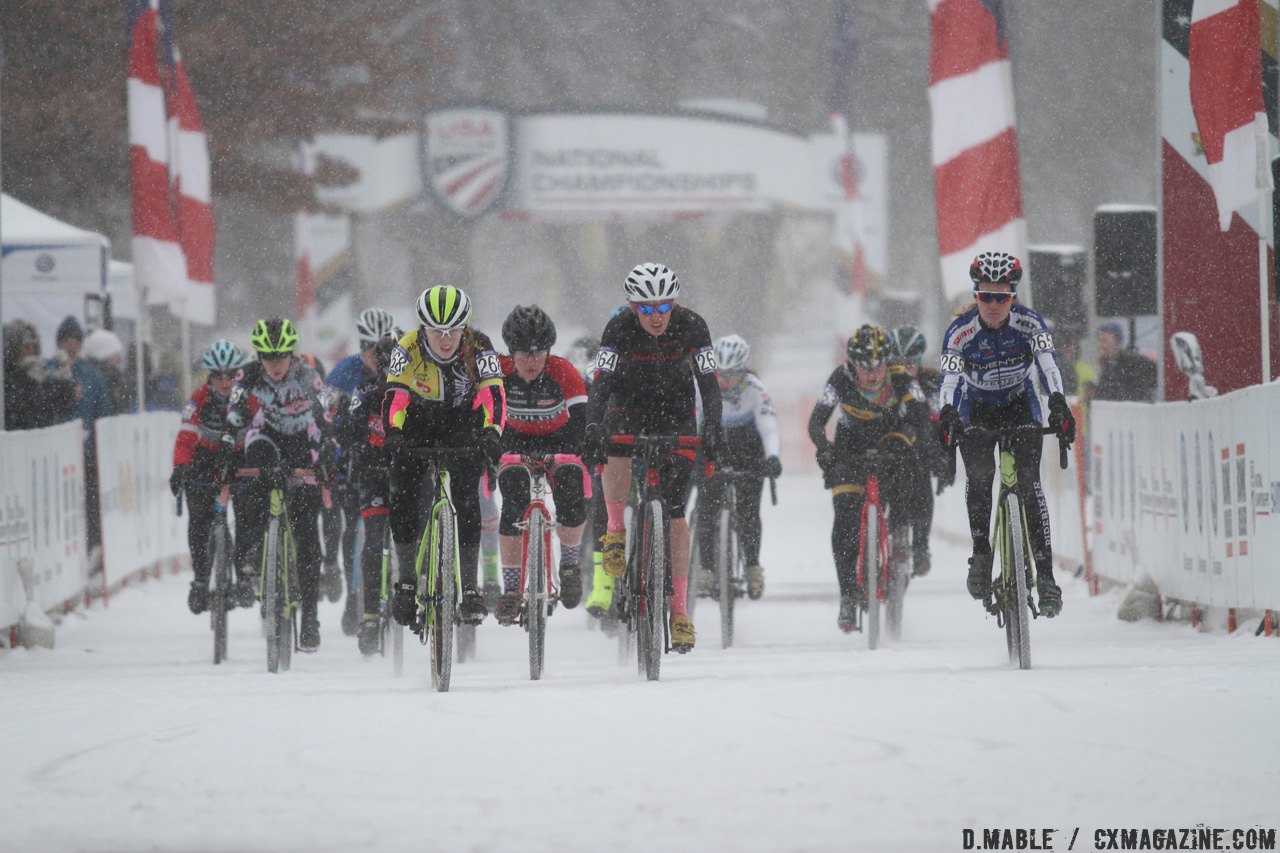 Petra Schmidtmann (Van Dessel Factory Team) took the hole shot and set a blistering pace on the first lap. © D. Mable / Cyclocross Magazine