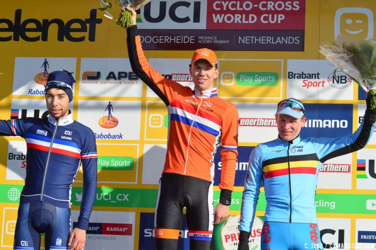 L to R: Clement Russo, Joris Nieuwenhuis and Thijs Aerts. 2017 Hoggerheide UCI Cyclocross World Cup. U23 Men. © C. Jobb / Cyclocross Magazine