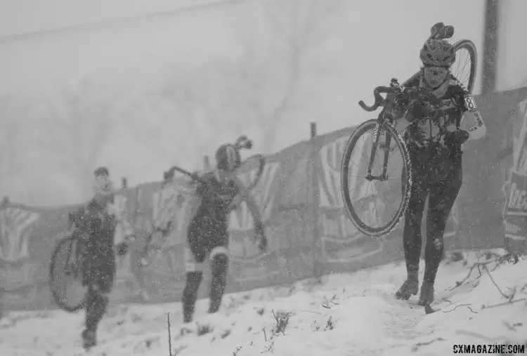 Snow was falling making visibility an issue. 2017 Cyclocross National Championships, Singlespeed Women. © A. Yee / Cyclocross Magazine