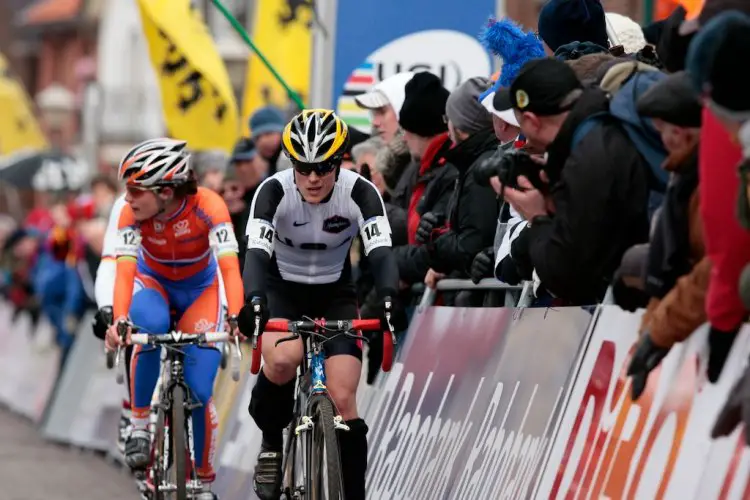 Still rivals nine years later: Katie Compton leading Marianne Vos at the 2009 Cyclocross World Championships in Hoogerheide. © Joe Sales