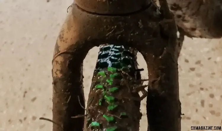 Wout van Aert's green Michelin Mud treads still look relatively fresh - not dried out or crusty - on the Dugast casings used to win the 2017 UCI Cyclocross World Championships. Bieles, Luxembourg. © Cyclocross Magazine