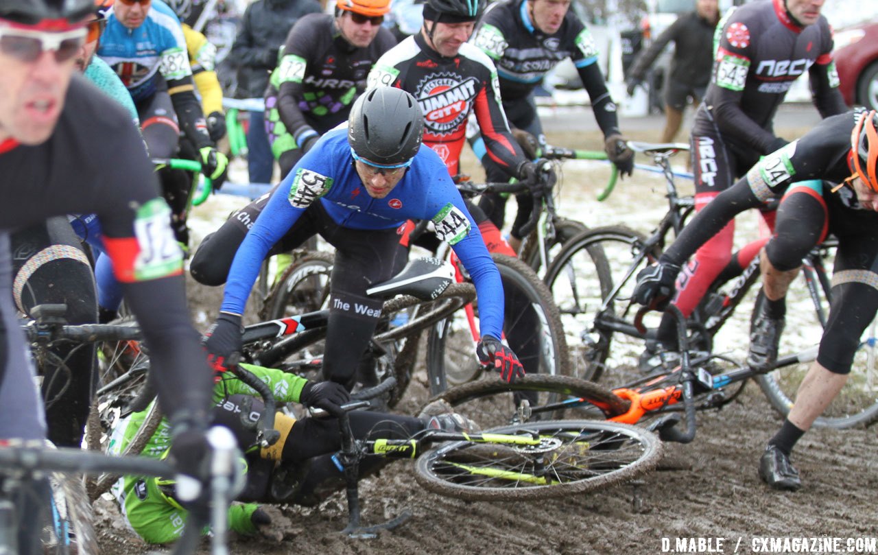 A crash at the start causes a pile up. 2017 Cyclocross National Championships, Masters Men 45-49. © D. Mable / Cyclocross Magazine