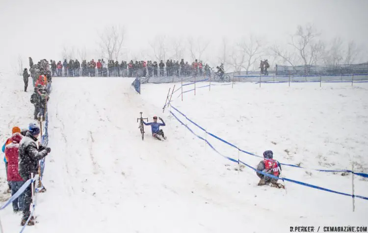 The butt slide was a popular technique - with the crowd. 2017 Cyclocross National Championships, © D. Perker / Cyclocross Magazine