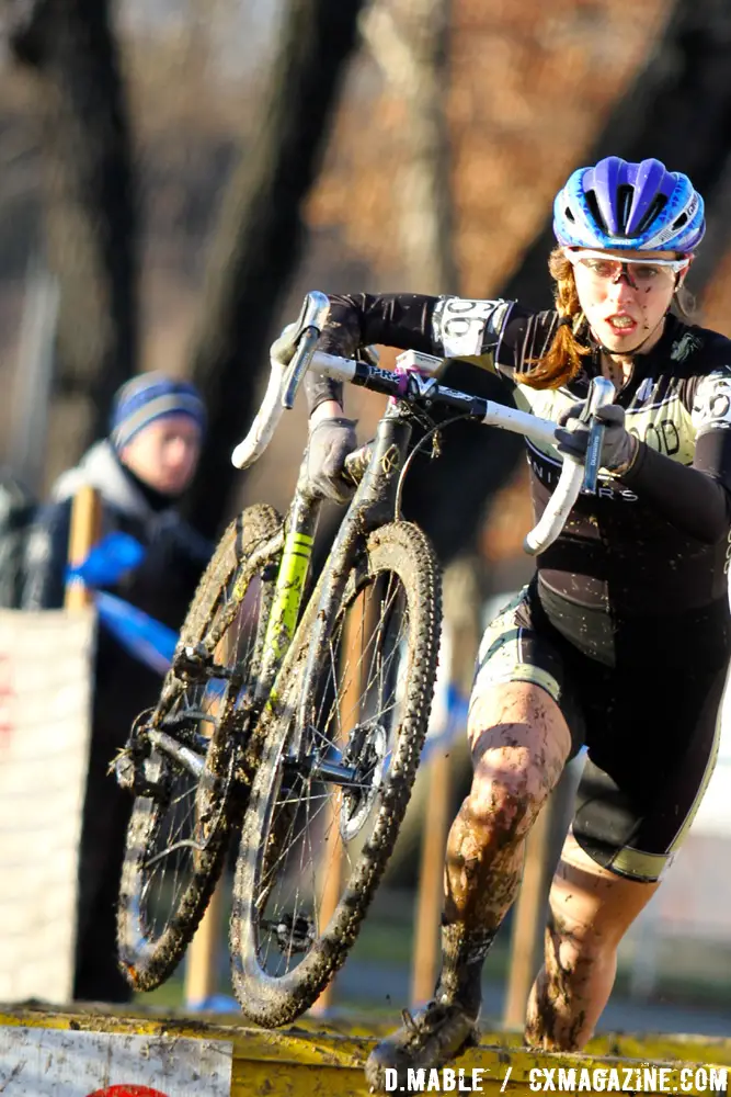 Hannah Finchamp leads at the barriers early in the race before her mechanical. 2017 Cyclocross National Championships, Women's Collegiate Varsity Race. © D. Mable / Cyclocross Magazine