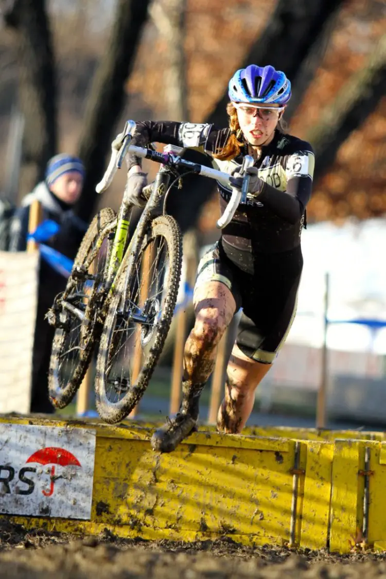 Hannah Finchamp leads at the barriers early in the race before her mechanical. 2017 Cyclocross National Championships, Women's Collegiate Varsity Race. © D. Mable / Cyclocross Magazine