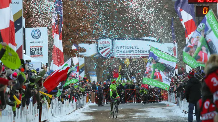 Stephen Hyde (Cannondale Cyclocrossworld) pulled out all the stops in the Elite Men’s race. 2017 Cyclocross National Championships, Elite Men. © D. Mable/ Cyclocross Magazine