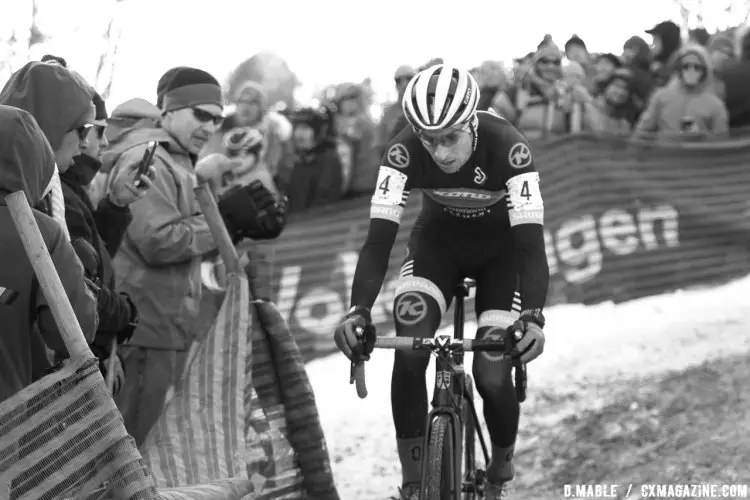 Kerry Werner carefully picks his way down the icy chicane on his way to third place. 2017 Cyclocross National Championships, Elite Men. © D. Mable/ Cyclocross Magazine