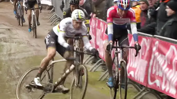 Wout van Aert got sideways, saved it, and then bounced off Mathieu van der Poel. Elite Men. 2017 Krawtencross, Lille. DVV Verzekeringen Trofee.