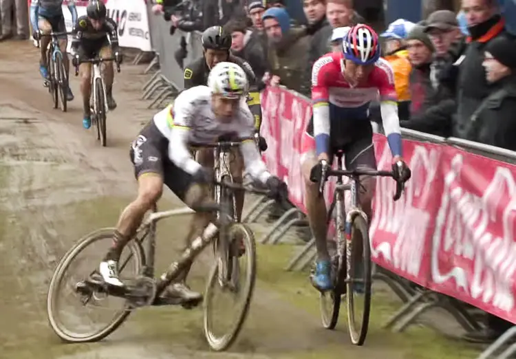 Wout van Aert got sideways, saved it, and then bounced off Mathieu van der Poel. Elite Men. 2017 Krawtencross, Lille. DVV Verzekeringen Trofee.