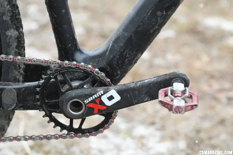 A SRAM carbon XO crankset is mated to a Wolf Tooth Components 32T single ring. 2017 Cyclocross National Championships. © A. Yee 