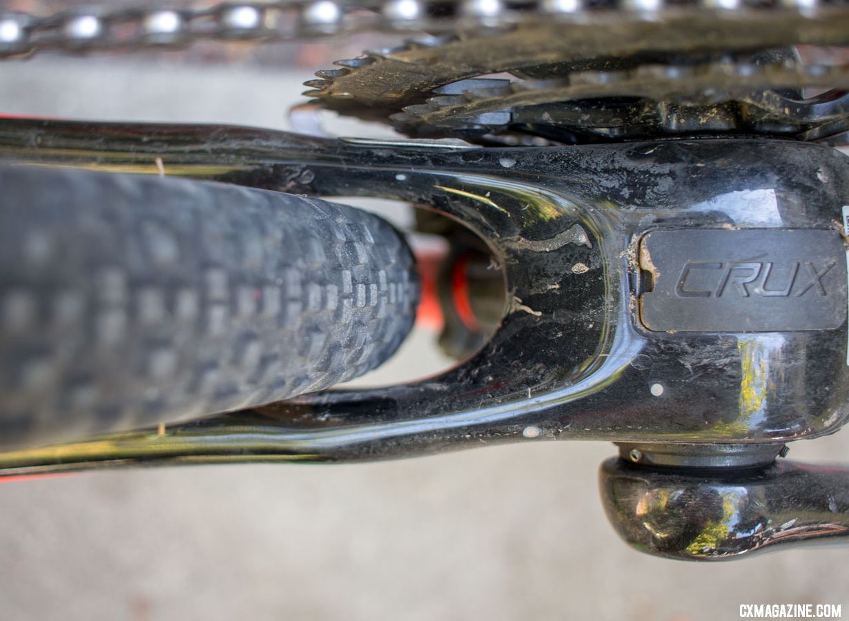 The Specialized Crux may not market itself as a gravel bike, but there's clearance for bigger tires. 44mm wide tires barely fit, and 40mm tires fit with more room for an out-of-true wheel. © Cyclocross Magazine