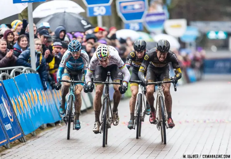 Wout van Aert has already proven to have finishing and prologue speed, but aims to further test his potential on the road. photo: Van Aert wins the sprint or second of Tom Meeusen. 2017 Krawatencross, Lille. © M. Hilger / Cyclocross Magazine