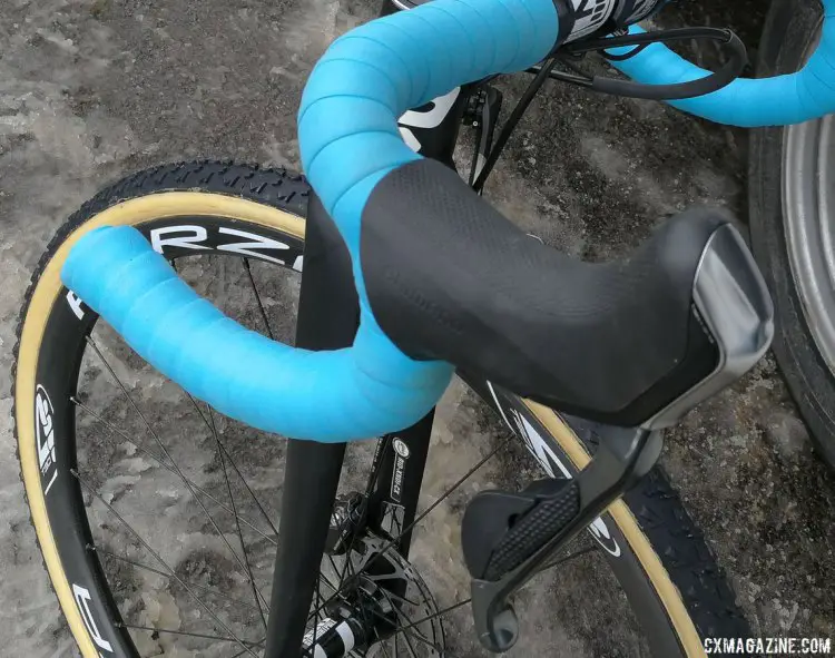 Is the sticker on the inside of her fork a clue to the mystery of the curvy chainstays? 2017 Cyclocross World Championships bikes. © Cyclocross Magazine