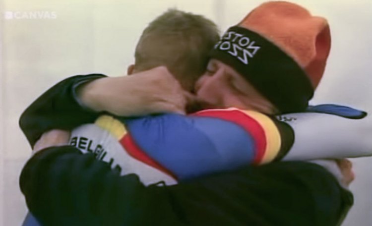 Bart Wellens celebrates his 2003 World Championship with his dad (in a Boston Cross hat). 