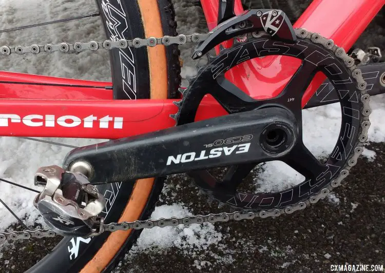 The lightweight Easton EC90 SL carbon single-ring crankset, with a K-Edge catcher for extra insurance,, kept Vermeersch's chain in place even when his derailleur hanger broke . © Cyclocross Magazine