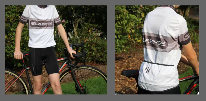 The jersey is made from Dry-Tex polyester and is priced at $49.99. The bib shorts are made from Lycra Sport fiber and are priced at $59.99.