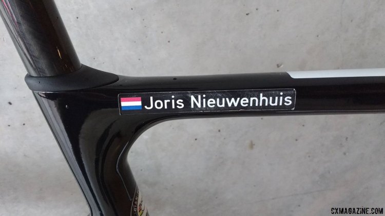 One way to spot a pro: sticker name badge. Nieuwenhuis' has seen better days, showing signs of wear. 2017 Cyclocross World Championships bikes. © Cyclocross Magazine