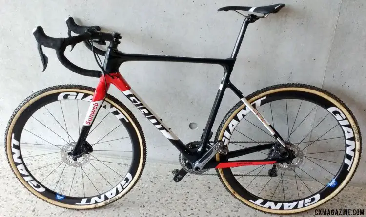 Two generations of Giant's fonts are visible on Joris' race whip. 2017 Cyclocross World Championships bikes. © Cyclocross Magazine