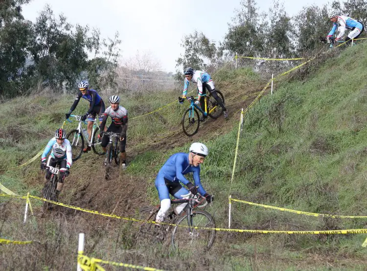 Cyclocross legend and champion John Elgart leads the B field down the course's one prominent hill. Rockville Bike Cyclocross Series, Solano Community College. © John Silva