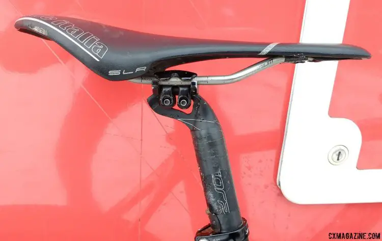Sanne Cant uses a Scorpo seatpost with two side-clamp bolts that offers microscopic angle adjustments and seems to be plenty secure for her remounts. A Selle Italia SLR saddle keeps her grounded on her Stevens Super Prestige cyclocross bike. 2017 Cyclocross World Championships bikes. © Cyclocross Magazine