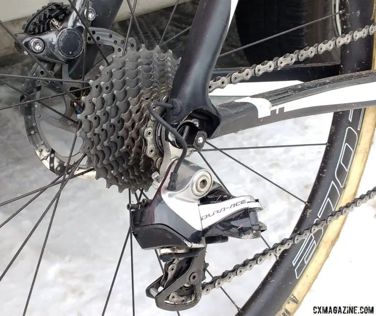 Cant's Dura-Ace Di2 9070 rear derailleur has seen a few crashes but kept the chain on and her shifting when it counted. Sanne Cant's Stevens Super Prestige cyclocross bike. 2017 Cyclocross World Championships bikes. © Cyclocross Magazine