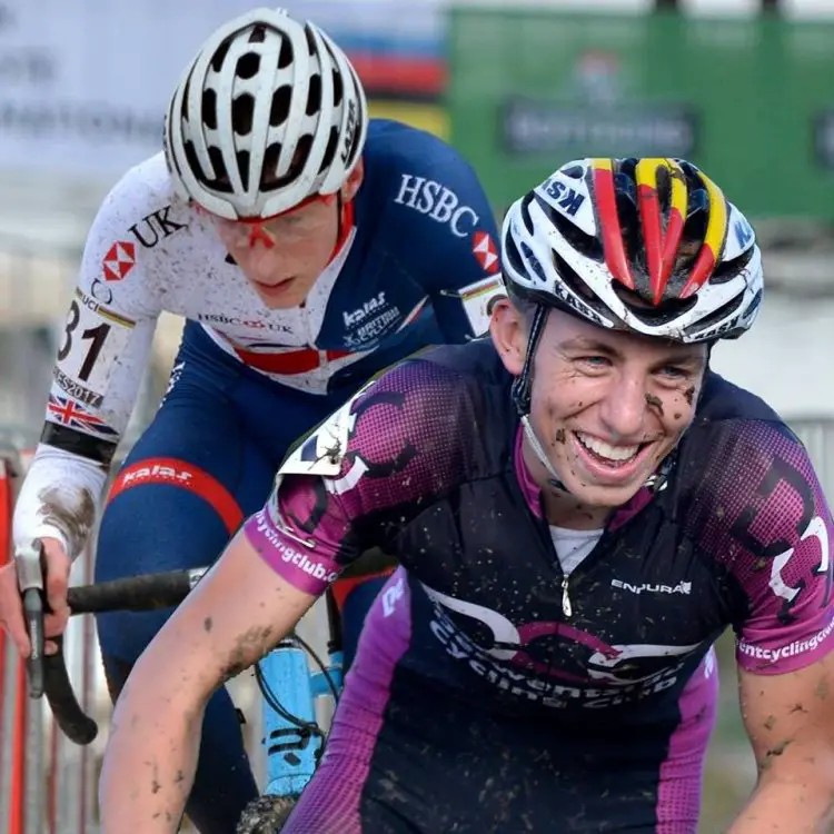 Fin Robertson flashes a big smile during a local UK race. Belgian CX Project. © Alan Draffan